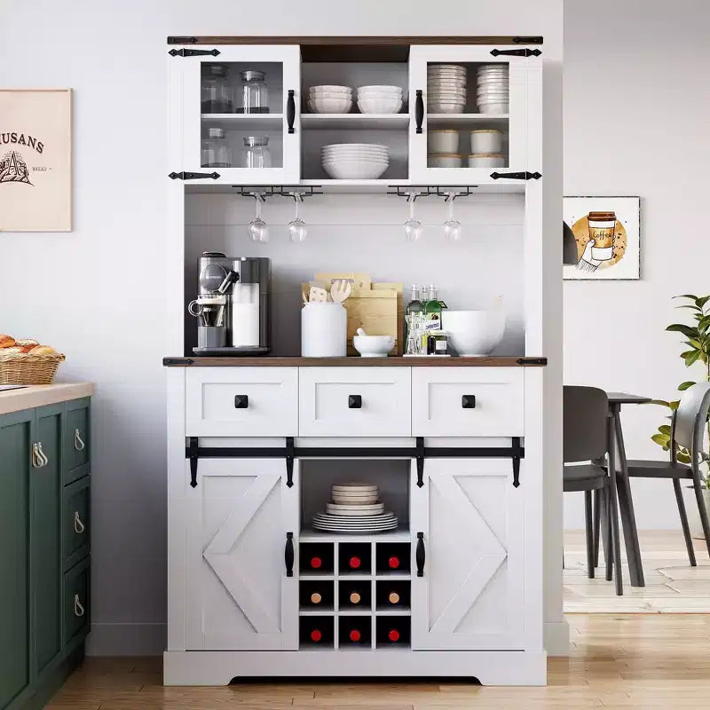 72 hoher Küchenvorratsschrank, Küchenaufsatzschrank mit Schiebetür im Scheunentor-Stil, Anrichte mit Mikrowellenständer und 3 Schubladen