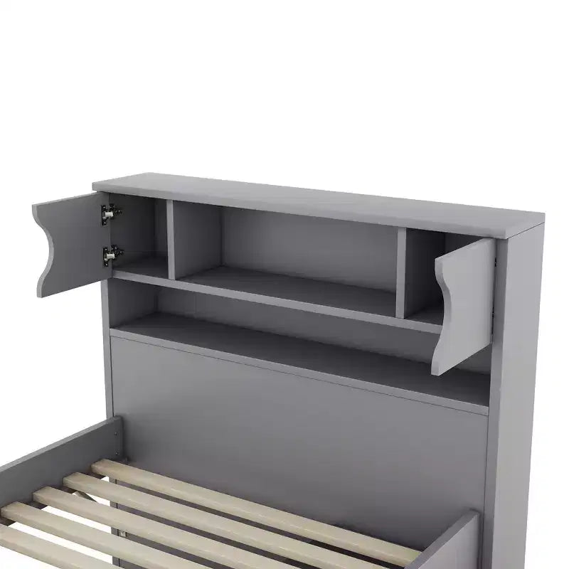Estructura de cama con plataforma y almacenamiento, tamaño individual - incluye librería, estantes, armarios y 4 cajones