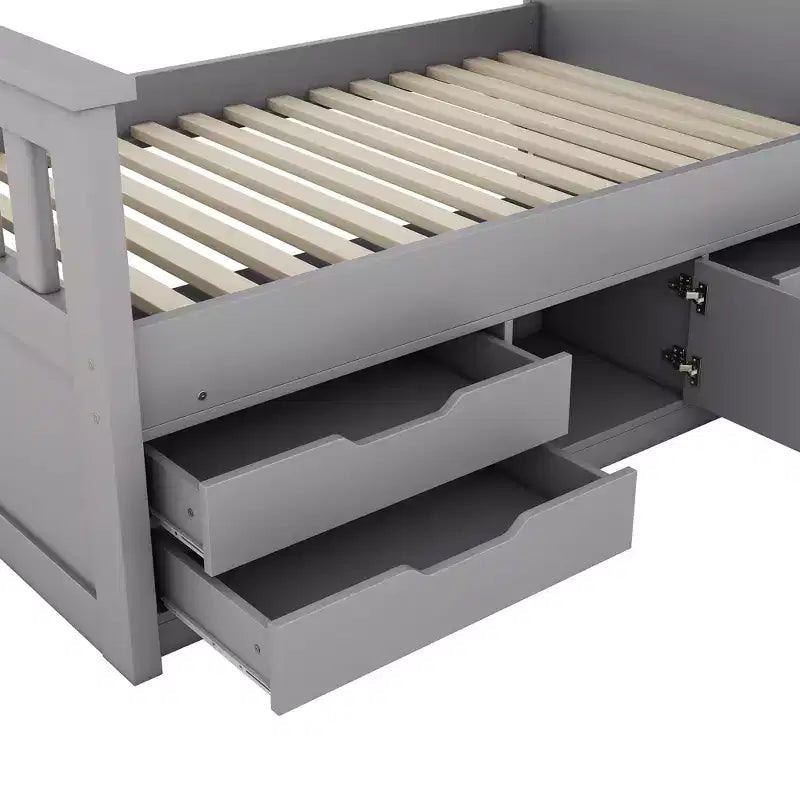 Estructura de cama con plataforma y almacenamiento, tamaño individual - incluye librería, estantes, armarios y 4 cajones