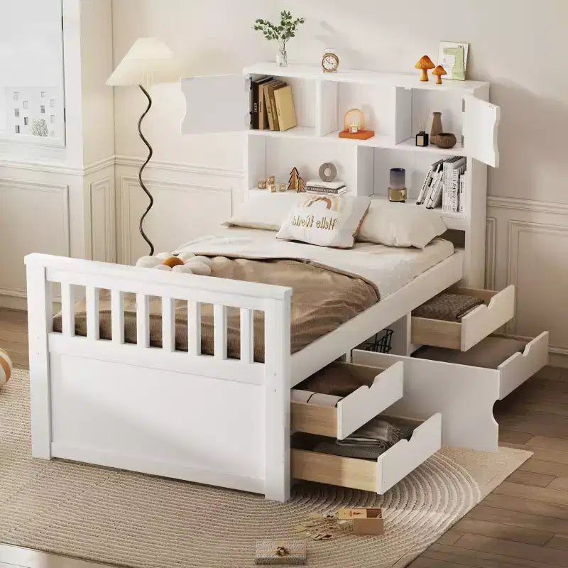 Estructura de cama con plataforma y almacenamiento, tamaño individual - incluye librería, estantes, armarios y 4 cajones