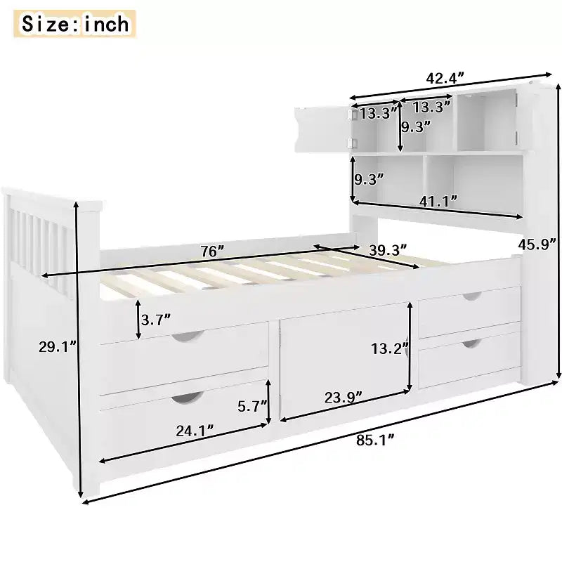 Estructura de cama con plataforma y almacenamiento, tamaño individual - incluye librería, estantes, armarios y 4 cajones