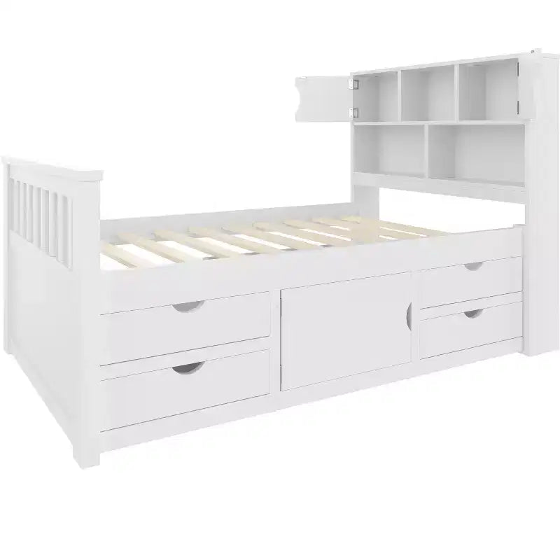 Estructura de cama con plataforma y almacenamiento, tamaño individual - incluye librería, estantes, armarios y 4 cajones