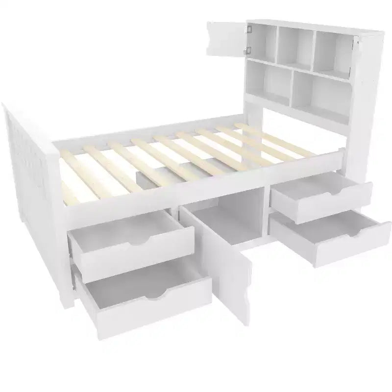 Estructura de cama con plataforma y almacenamiento, tamaño individual - incluye librería, estantes, armarios y 4 cajones