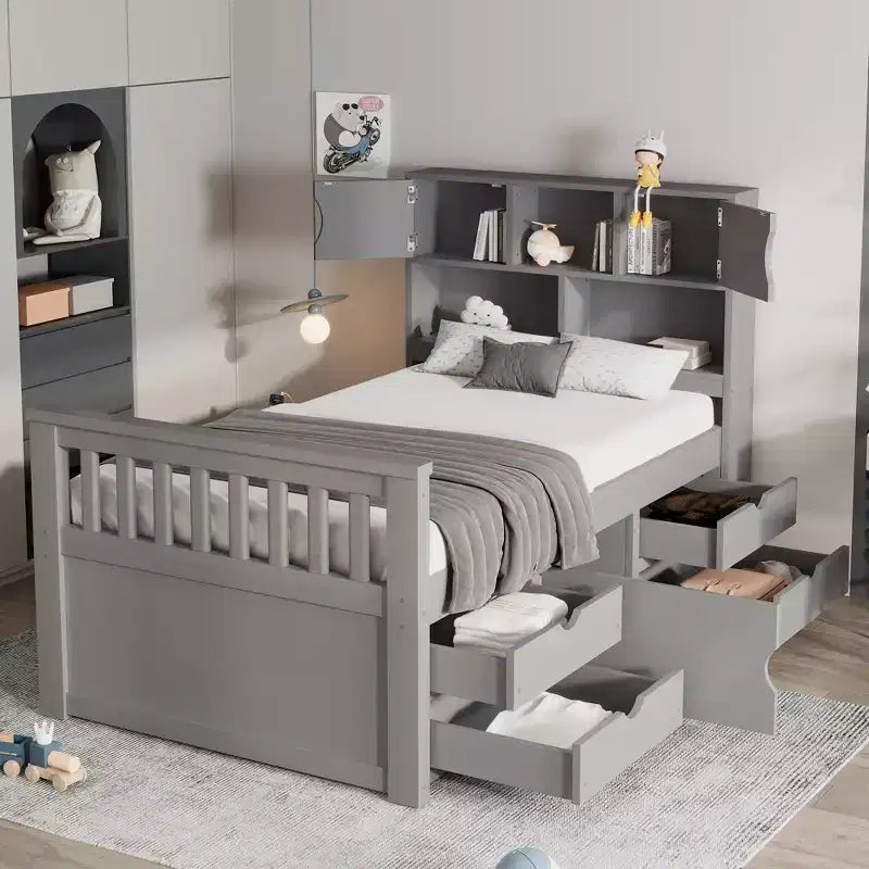 Estructura de cama con plataforma y almacenamiento, tamaño individual - incluye librería, estantes, armarios y 4 cajones