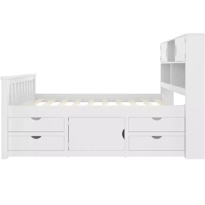 Estructura de cama con plataforma y almacenamiento, tamaño individual - incluye librería, estantes, armarios y 4 cajones