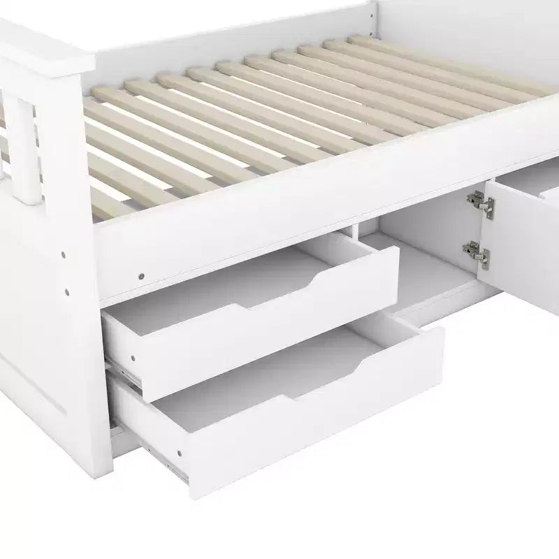 Estructura de cama con plataforma y almacenamiento, tamaño individual - incluye librería, estantes, armarios y 4 cajones
