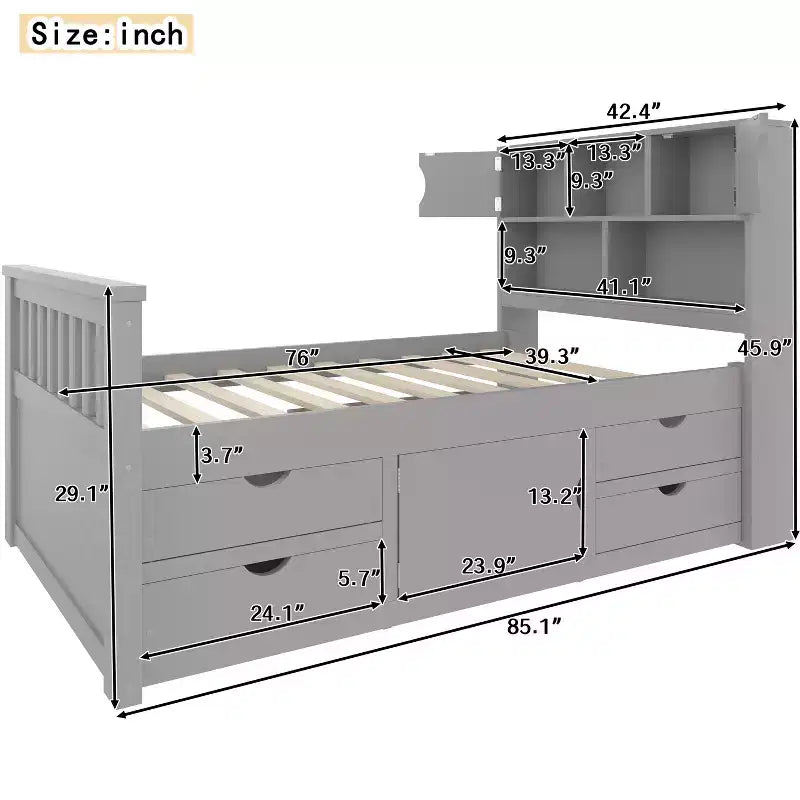 Estructura de cama con plataforma y almacenamiento, tamaño individual - incluye librería, estantes, armarios y 4 cajones