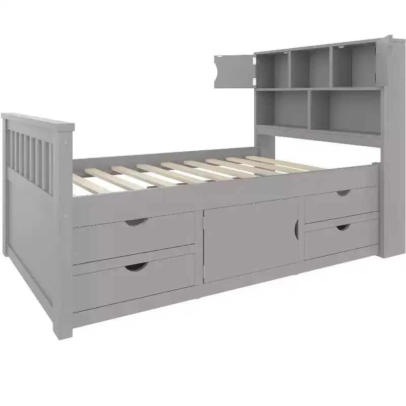 Estructura de cama con plataforma y almacenamiento, tamaño individual - incluye librería, estantes, armarios y 4 cajones