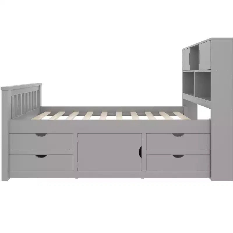Estructura de cama con plataforma y almacenamiento, tamaño individual - incluye librería, estantes, armarios y 4 cajones