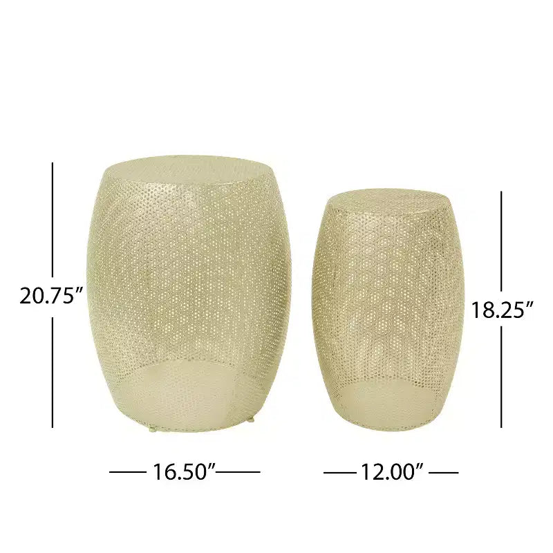 Set aus 2 modernen runden Beistelltischen aus Metall mit Hohlstruktur, Gold