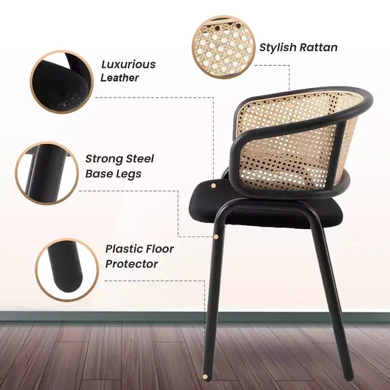 Esszimmerstuhl mit Rückenlehne aus Rattan, Ledersitz und schwarzem Stahlgestell, bequeme Sitzgelegenheit für Esszimmer und Küche