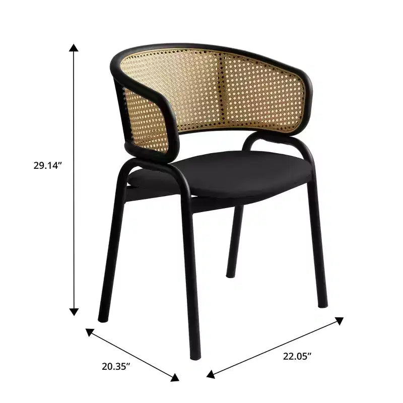 Esszimmerstuhl mit Rückenlehne aus Rattan, Ledersitz und schwarzem Stahlgestell, bequeme Sitzgelegenheit für Esszimmer und Küche
