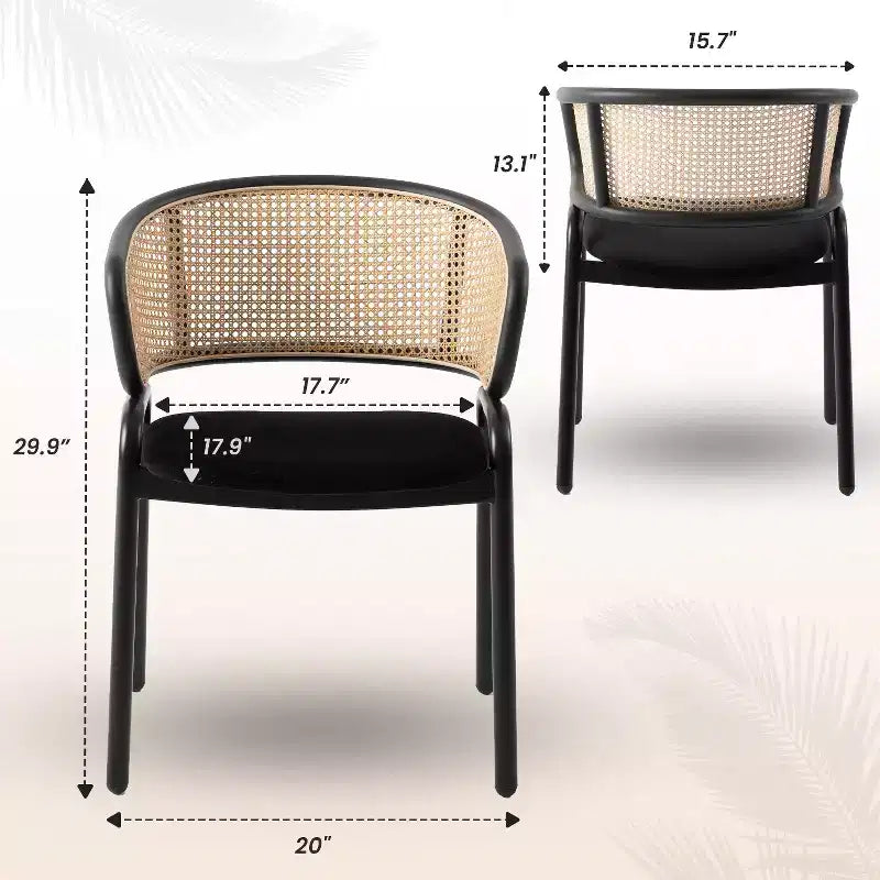 Esszimmerstuhl mit Rückenlehne aus Rattan, Ledersitz und schwarzem Stahlgestell, bequeme Sitzgelegenheit für Esszimmer und Küche