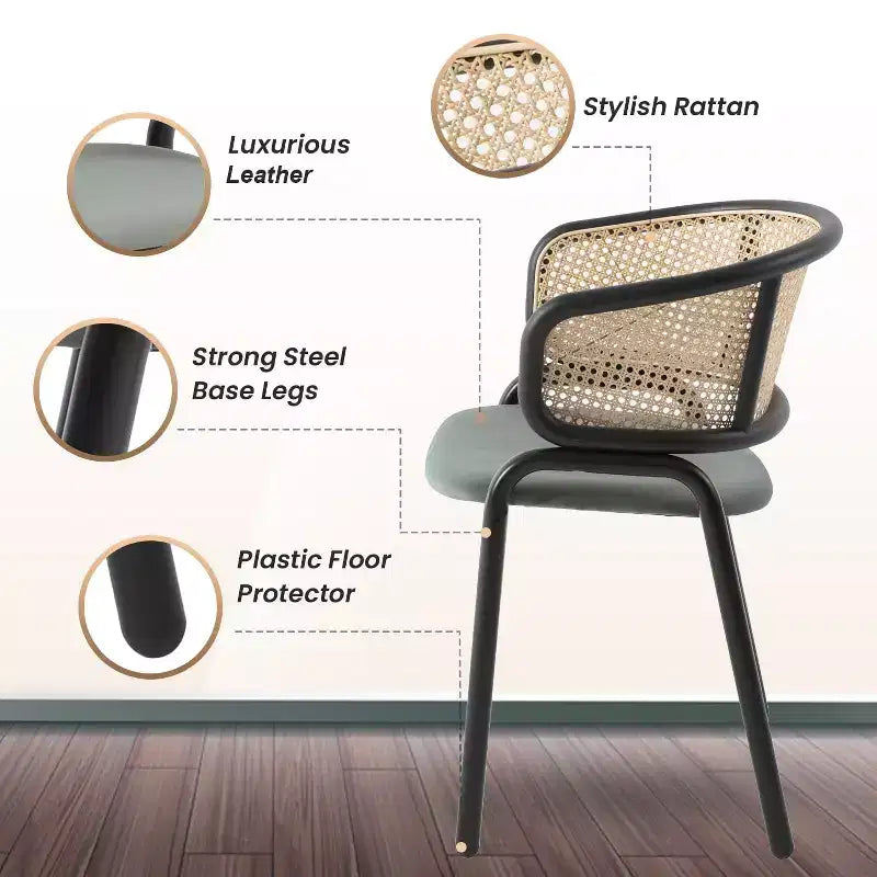 Esszimmerstuhl mit Rückenlehne aus Rattan, Ledersitz und schwarzem Stahlgestell, bequeme Sitzgelegenheit für Esszimmer und Küche