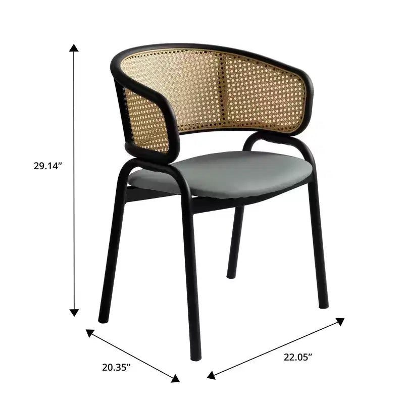 Esszimmerstuhl mit Rückenlehne aus Rattan, Ledersitz und schwarzem Stahlgestell, bequeme Sitzgelegenheit für Esszimmer und Küche
