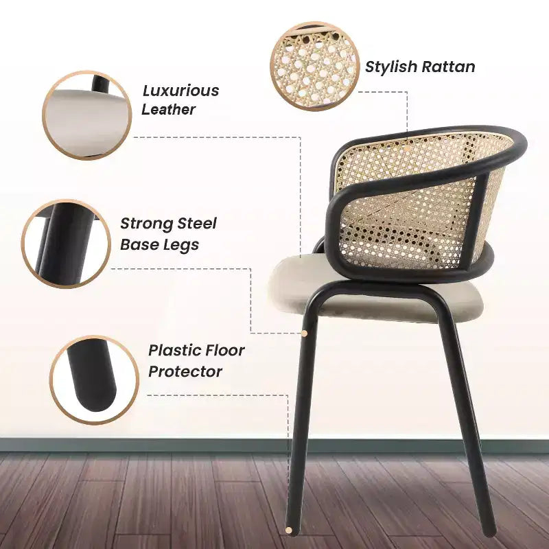 Esszimmerstuhl mit Rückenlehne aus Rattan, Ledersitz und schwarzem Stahlgestell, bequeme Sitzgelegenheit für Esszimmer und Küche
