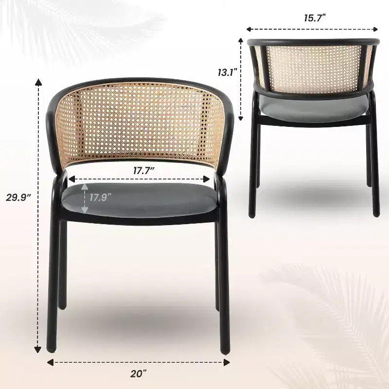 Esszimmerstuhl mit Rückenlehne aus Rattan, Ledersitz und schwarzem Stahlgestell, bequeme Sitzgelegenheit für Esszimmer und Küche