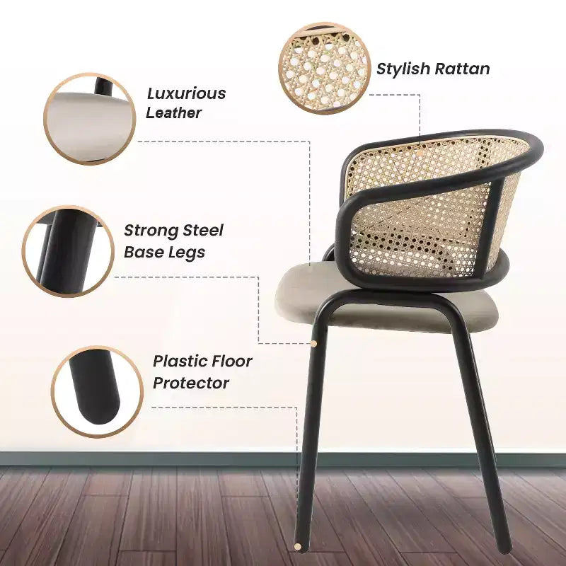 Esszimmerstuhl mit Rückenlehne aus Rattan, Ledersitz und schwarzem Stahlgestell, bequeme Sitzgelegenheit für Esszimmer und Küche