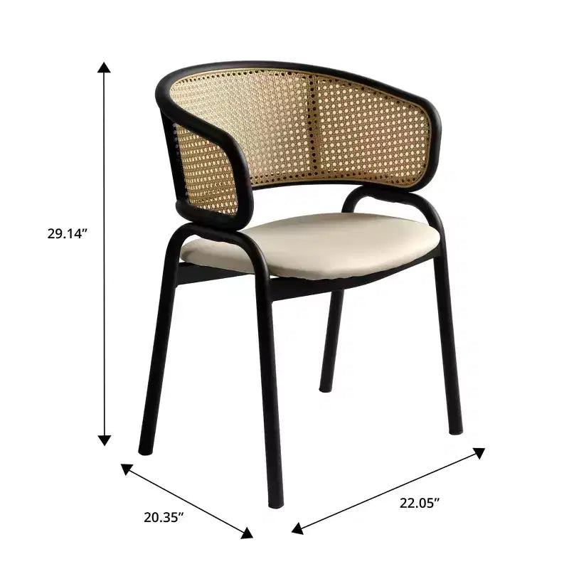 Esszimmerstuhl mit Rückenlehne aus Rattan, Ledersitz und schwarzem Stahlgestell, bequeme Sitzgelegenheit für Esszimmer und Küche