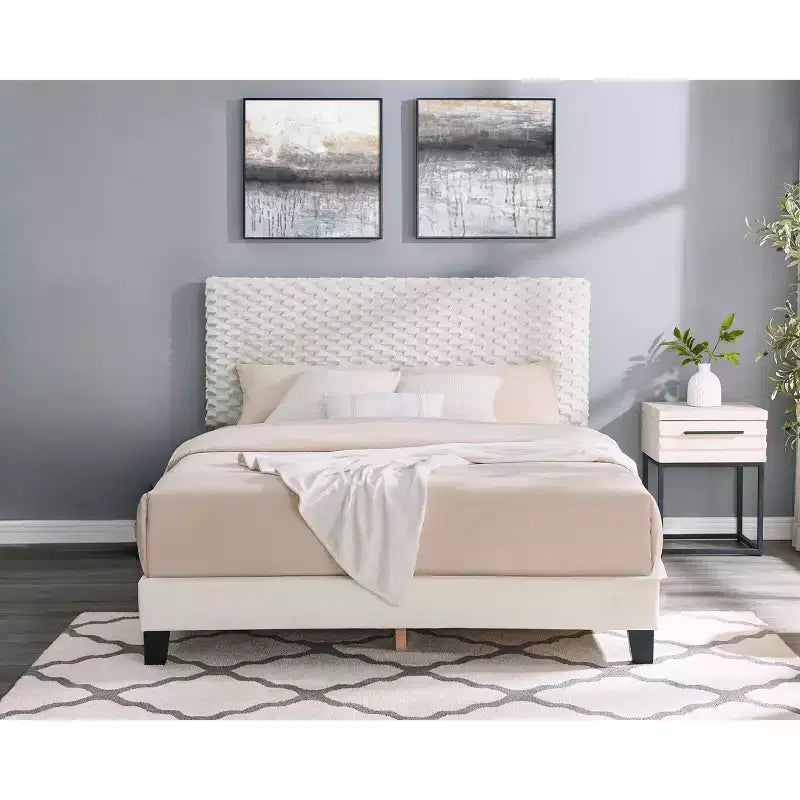 Juego de dormitorio de 2 piezas, cama tapizada afelpada en 3D con mesita de noche