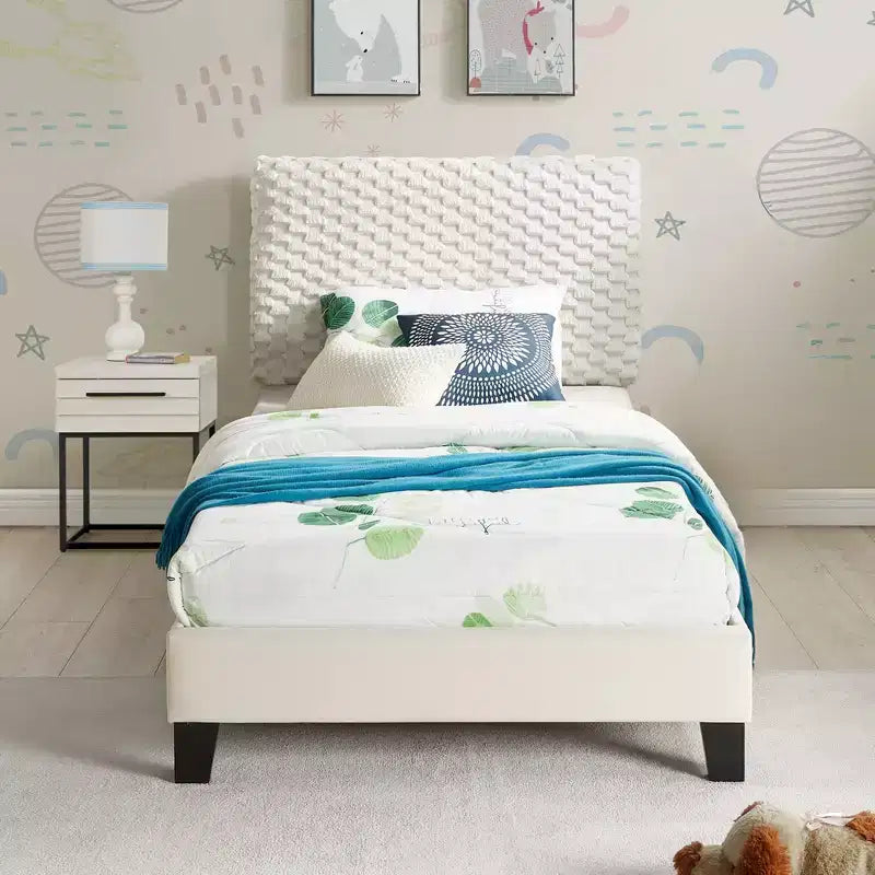 2-teiliges Schlafzimmer-Set, weich gepolstertes 3D-Bett mit Nachttisch