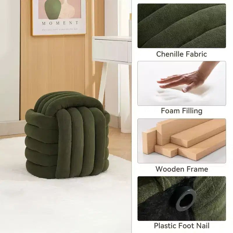 19W Ottoman-Fußhocker, Chenille-Schminkhocker im Knotendesign für Wohnzimmer und Schlafzimmer