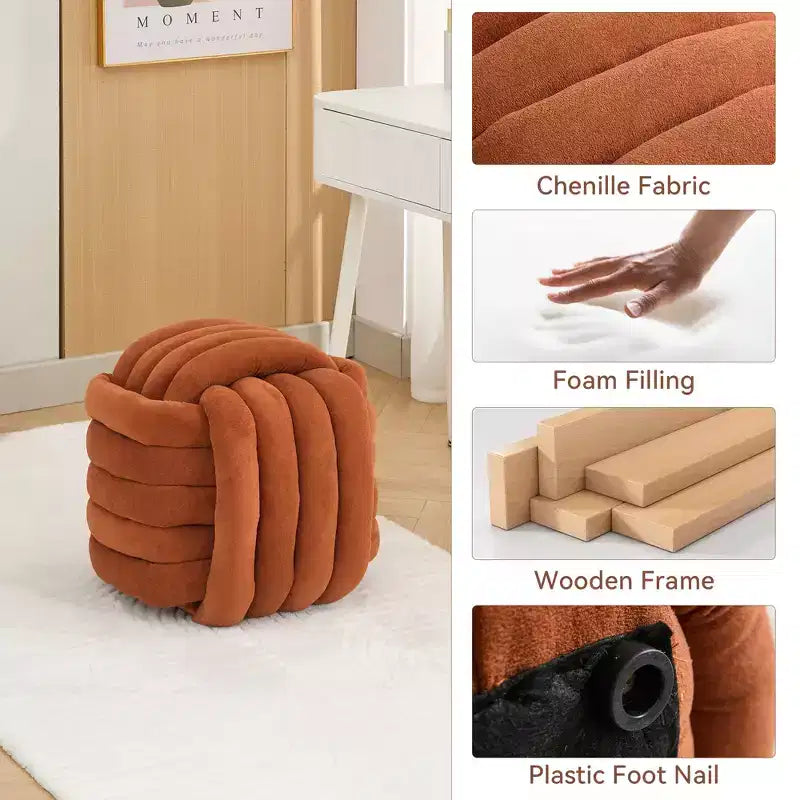 19W Ottoman-Fußhocker, Chenille-Schminkhocker im Knotendesign für Wohnzimmer und Schlafzimmer