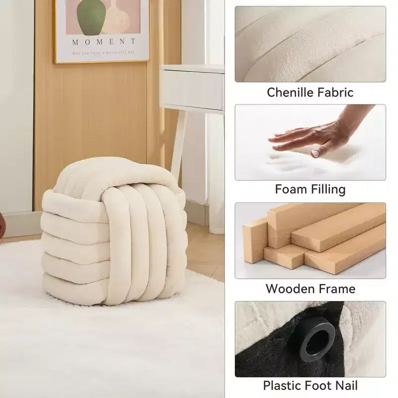 19W Ottoman-Fußhocker, Chenille-Schminkhocker im Knotendesign für Wohnzimmer und Schlafzimmer