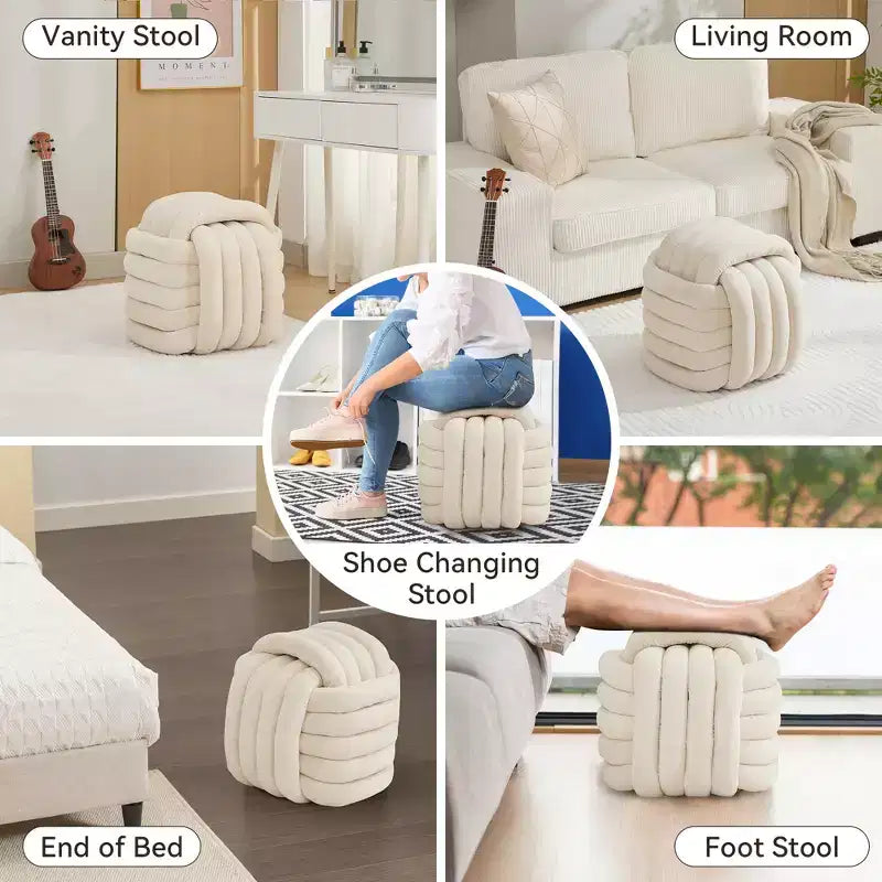 19W Ottoman-Fußhocker, Chenille-Schminkhocker im Knotendesign für Wohnzimmer und Schlafzimmer