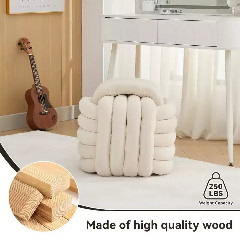 19W Ottoman-Fußhocker, Chenille-Schminkhocker im Knotendesign für Wohnzimmer und Schlafzimmer