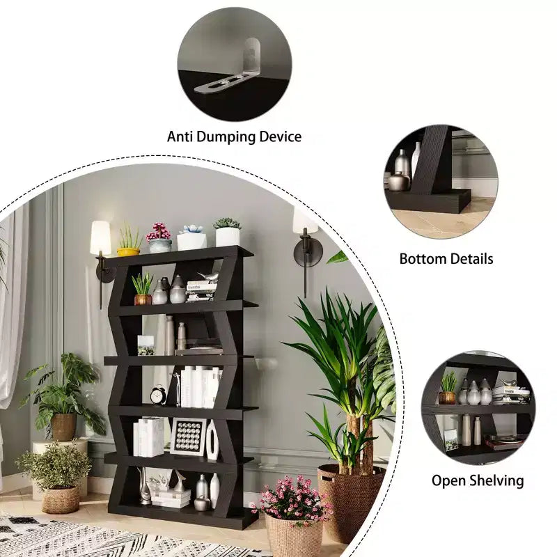 Estantería abierta, estante decorativo de forma única, almacenamiento multifuncional, negro