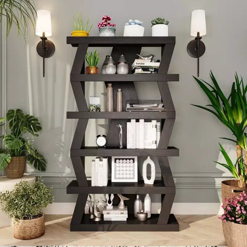 Estantería abierta, estante decorativo de forma única, almacenamiento multifuncional, negro
