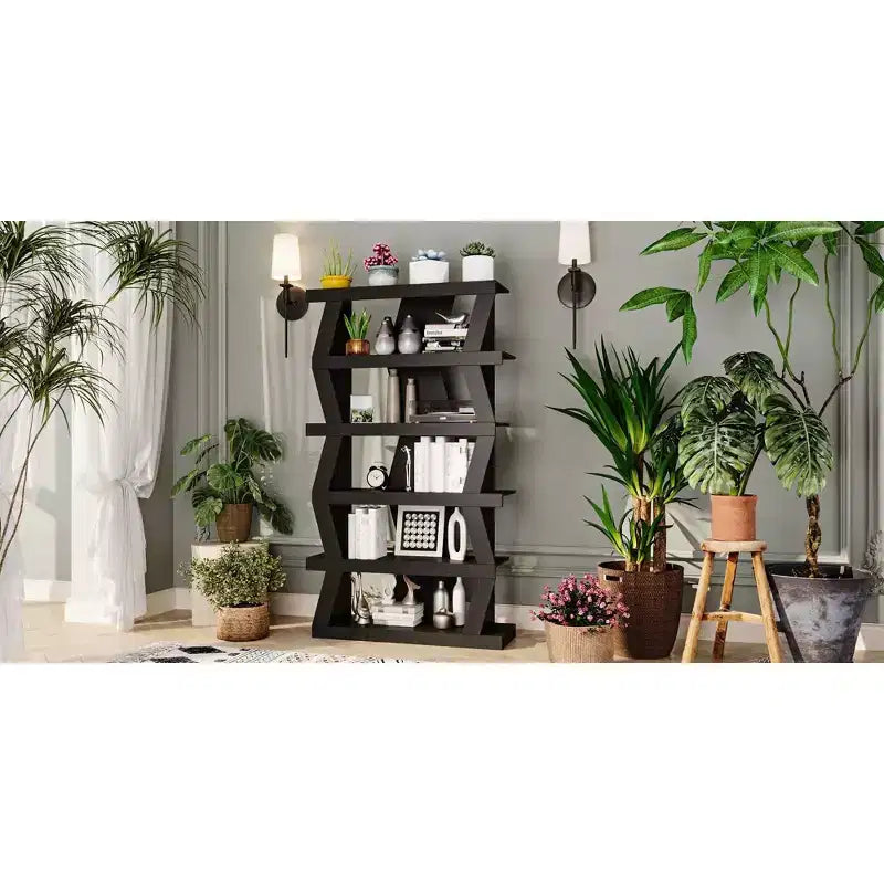 Estantería abierta, estante decorativo de forma única, almacenamiento multifuncional, negro
