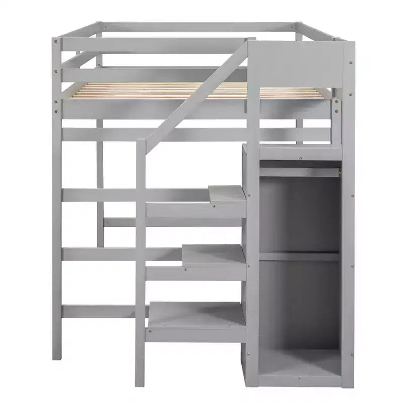 Lit mezzanine en bois format double, 93.8''L*57''W, avec armoire de rangement et escalier intégrés, pour optimiser l’espace