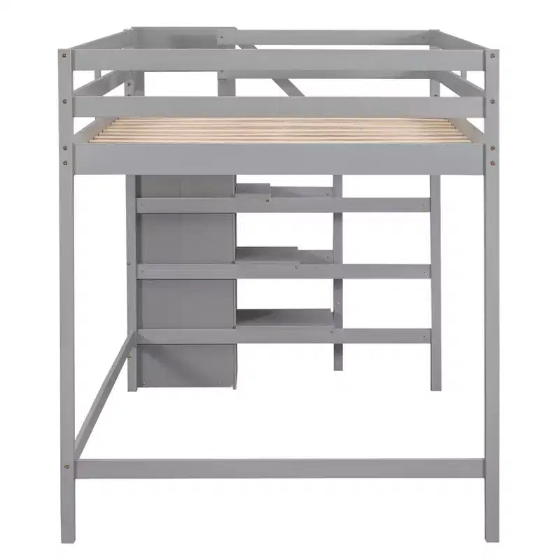 Lit mezzanine en bois format double, 93.8''L*57''W, avec armoire de rangement et escalier intégrés, pour optimiser l’espace