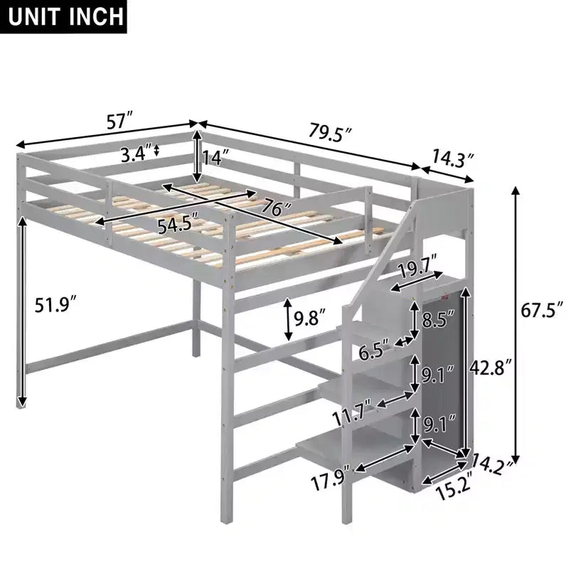 Lit mezzanine en bois format double, 93.8''L*57''W, avec armoire de rangement et escalier intégrés, pour optimiser l’espace