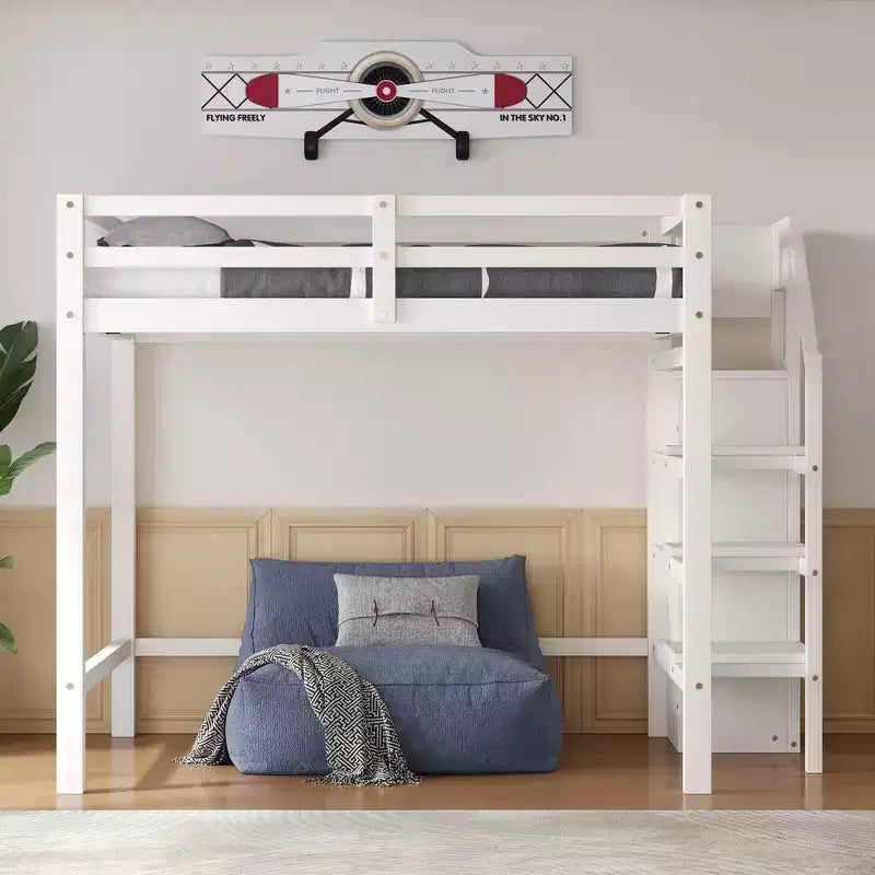 Lit mezzanine en bois format double, 93.8''L*57''W, avec armoire de rangement et escalier intégrés, pour optimiser l’espace