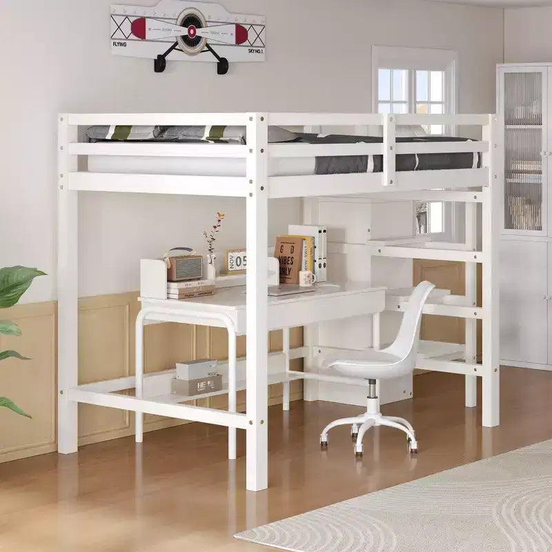 Lit mezzanine en bois format double, 93.8''L*57''W, avec armoire de rangement et escalier intégrés, pour optimiser l’espace