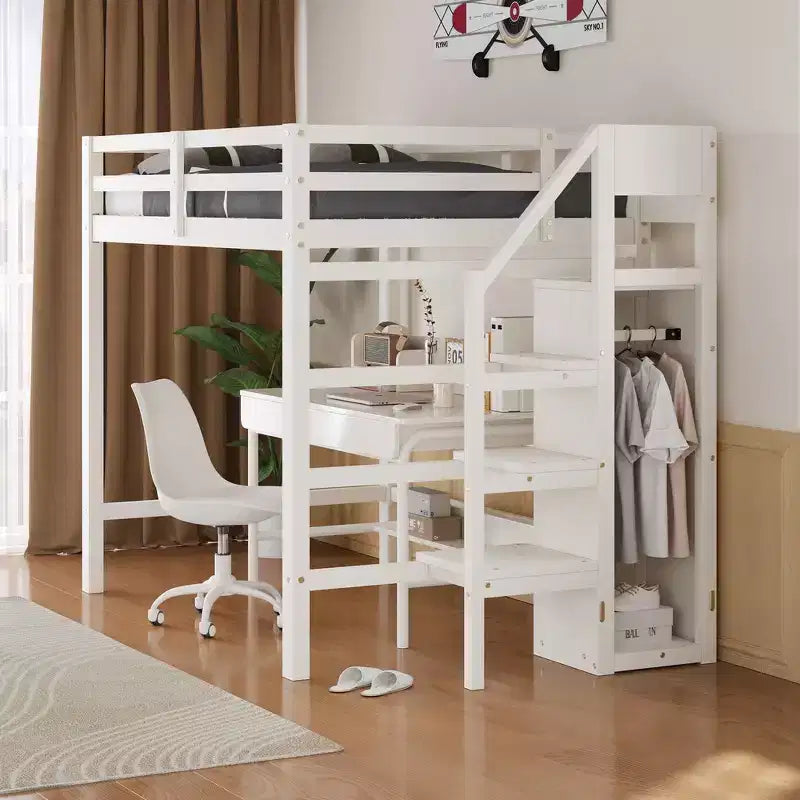 Lit mezzanine en bois format double, 93.8''L*57''W, avec armoire de rangement et escalier intégrés, pour optimiser l’espace