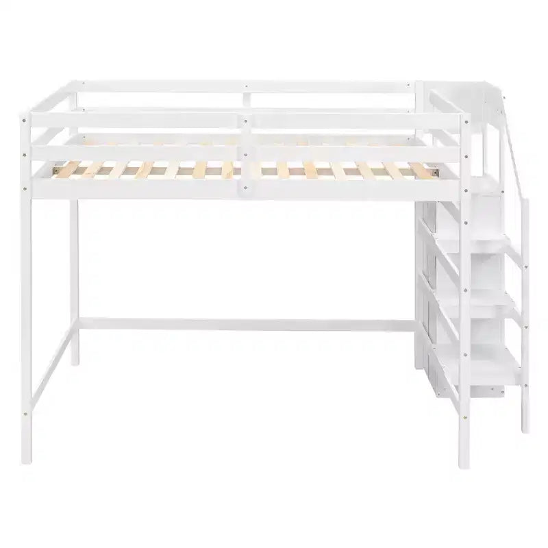 Lit mezzanine en bois format double, 93.8''L*57''W, avec armoire de rangement et escalier intégrés, pour optimiser l’espace