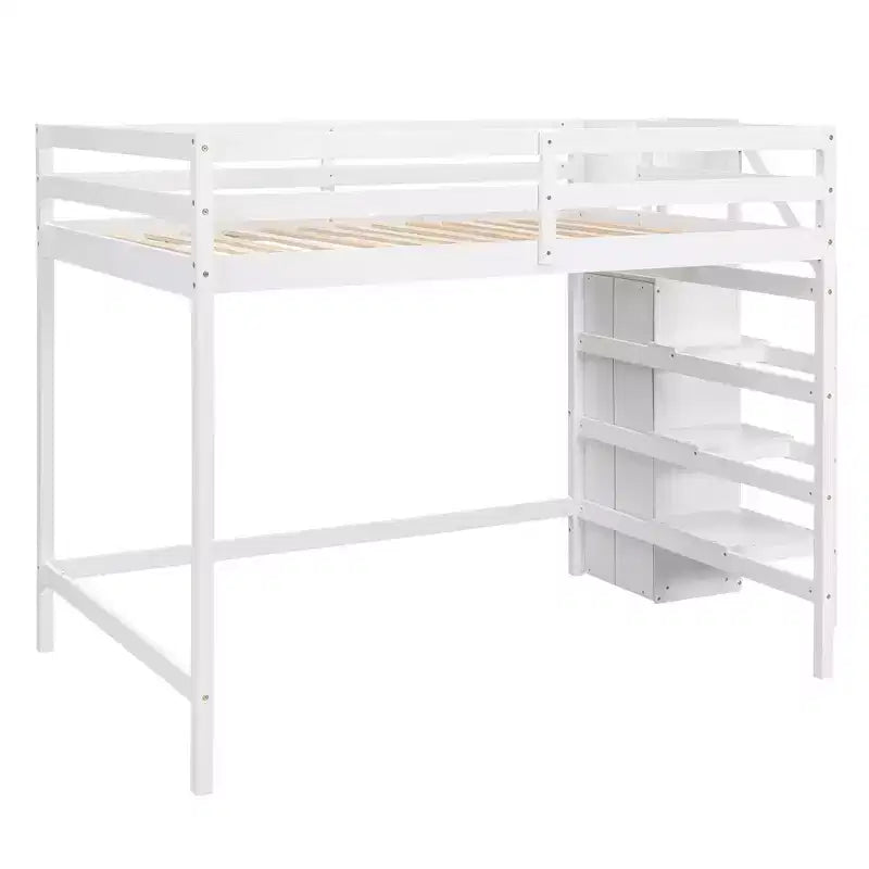 Lit mezzanine en bois format double, 93.8''L*57''W, avec armoire de rangement et escalier intégrés, pour optimiser l’espace