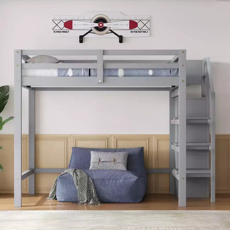 Hochbett aus Holz in Größe Full, 93.8''L*57''W, mit integriertem Kleiderschrank und Treppe, für maximalen Platz