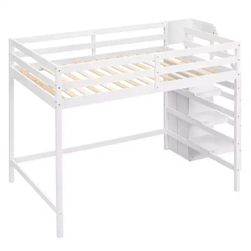 Lit mezzanine en bois format double, 93.8''L*57''W, avec armoire de rangement et escalier intégrés, pour optimiser l’espace