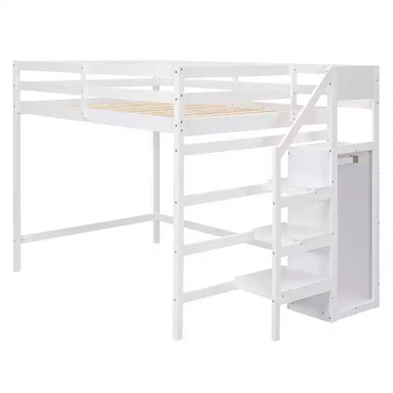 Lit mezzanine en bois format double, 93.8''L*57''W, avec armoire de rangement et escalier intégrés, pour optimiser l’espace
