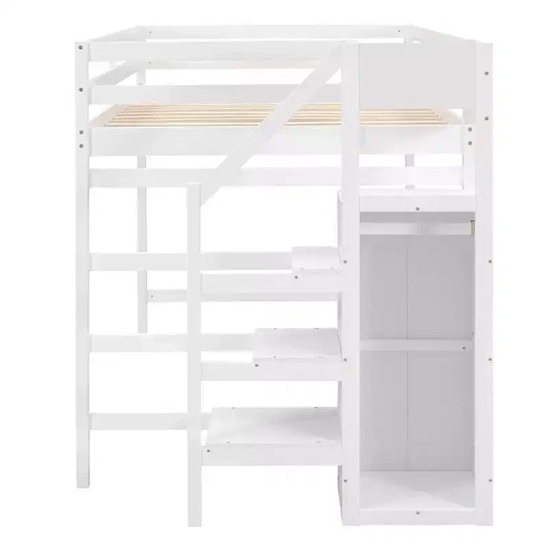 Lit mezzanine en bois format double, 93.8''L*57''W, avec armoire de rangement et escalier intégrés, pour optimiser l’espace