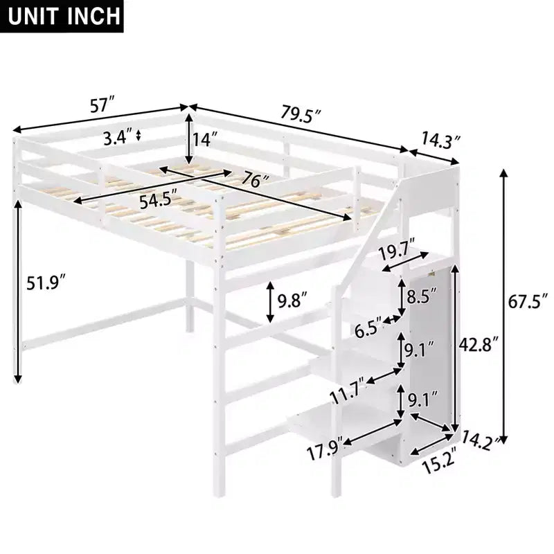 Lit mezzanine en bois format double, 93.8''L*57''W, avec armoire de rangement et escalier intégrés, pour optimiser l’espace