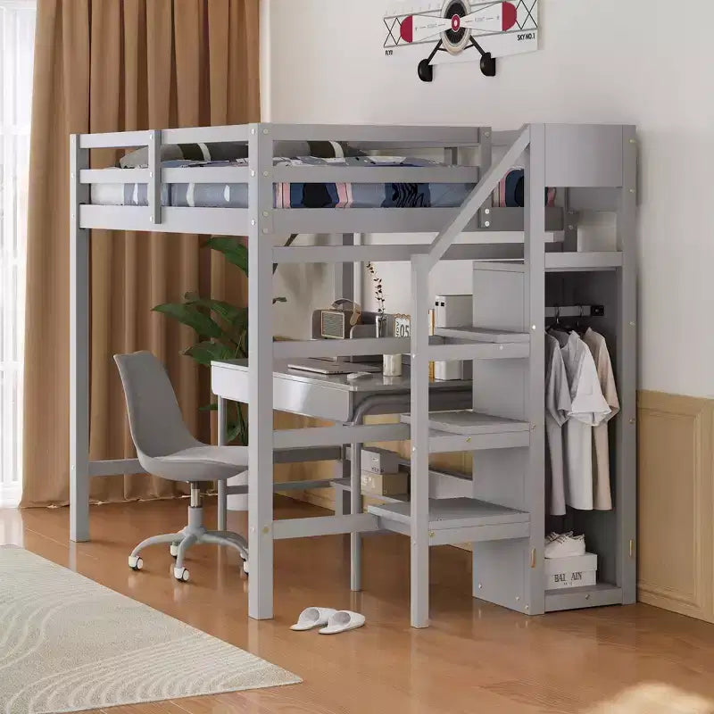 Hochbett aus Holz in Größe Full, 93.8''L*57''W, mit integriertem Kleiderschrank und Treppe, für maximalen Platz