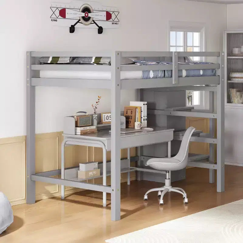 Lit mezzanine en bois format double, 93.8''L*57''W, avec armoire de rangement et escalier intégrés, pour optimiser l’espace