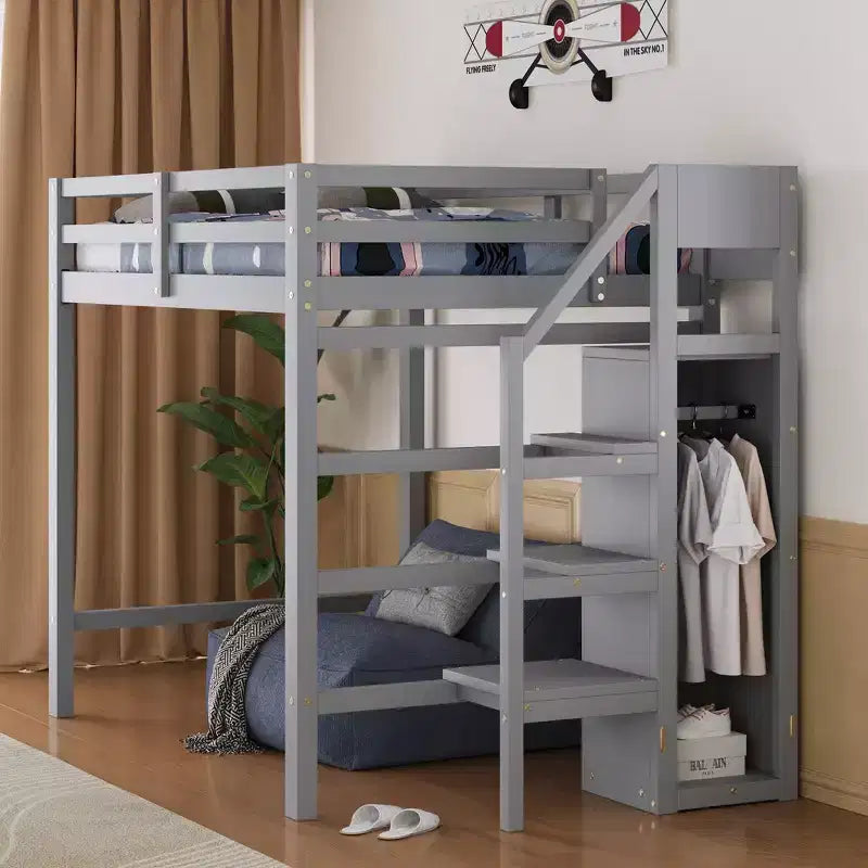 Hochbett aus Holz in Größe Full, 93.8''L*57''W, mit integriertem Kleiderschrank und Treppe, für maximalen Platz
