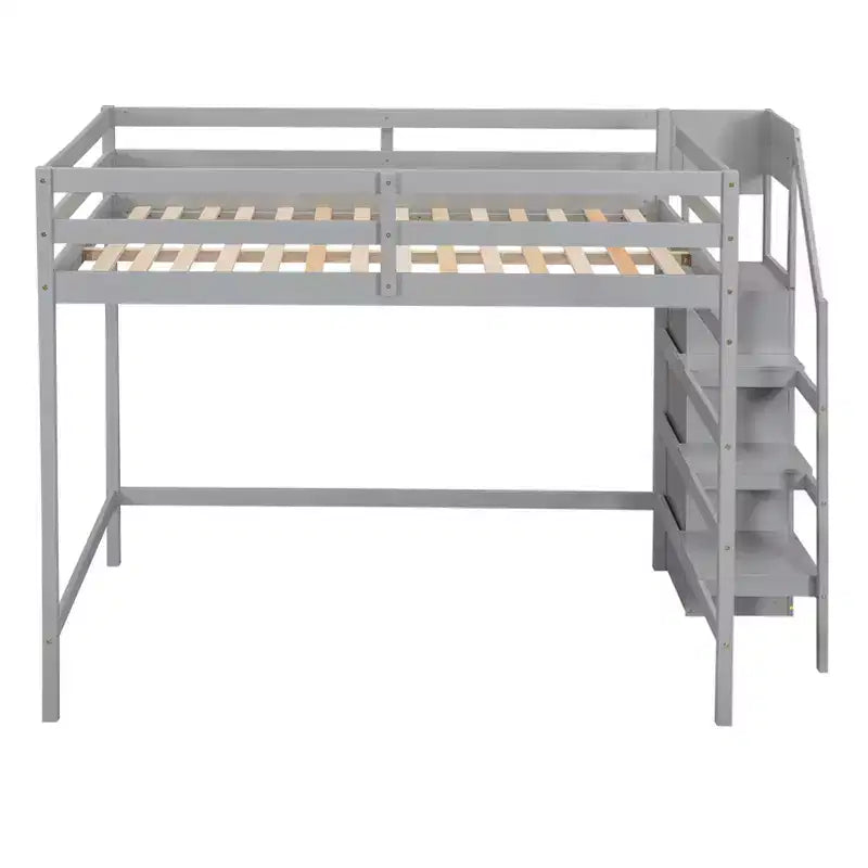 Lit mezzanine en bois format double, 93.8''L*57''W, avec armoire de rangement et escalier intégrés, pour optimiser l’espace
